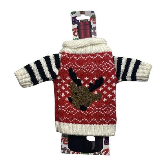 Bob's Wine Bottle Gift Ugly Sweater Lot Of 3 Deer Nordic Reindeer Pom Pom Tree - Picture 3 of 5